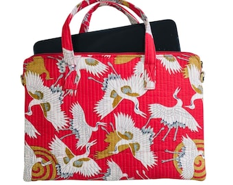 Handmade Quilted Laptop Bag | Red Crane Print Cotton Laptop Sleeve with Handle | Zippered Laptop Carry Bag | Padded Laptop Case, Best Gift