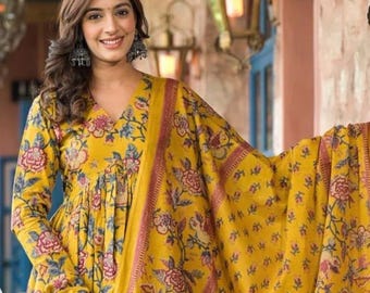 Hand Block Yellow Anarkali Kurta Palazzo Set|Floral Cotton Indian Ethnic Dress,Limited Stock Avalaible, Free Shipping “Only few pieces left”