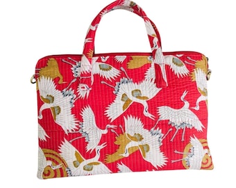 15"Handgefertigte Gesteppte Laptoptasche | Rote Kranich Print Laptoptasche aus Baumwolle mit Griff | Laptoptasche mit Reißverschluss | Gepolsterte Laptoptasche, Geschenke