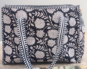 Black Floral Quilted Tote Bag | Handmade Cotton Shopper Non Zipper| Block Print Carryall with Bottle Pocket | Everyday Travel & Market Bag