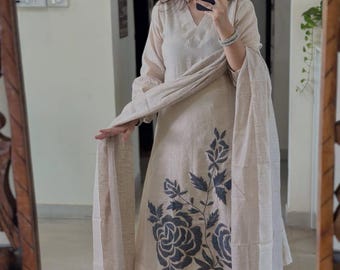 3 PC Handloom Khadi Cotton Kurta Set & Linen Dupatta | Floral Embroidered Dress| Women Indian Ethnic Suit Set | Handmade Clothing Bridesmaid