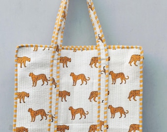Quilted Cotton Tote Bag: Tiger Print, Large Market Bag Handmade Carryall.Handblock print shopping bag few in stock.free delivery,Gift idea.