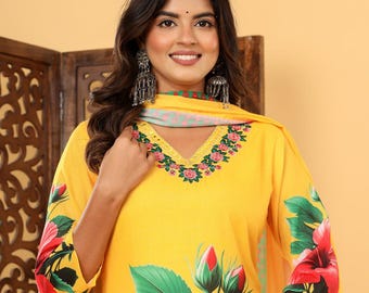 Yellow Floral Printed Regular Thread Work Kurta Set with Dupatta|Hibiscus Print Indian Suit Women’s Pure Cotton Kurta Festive Trousers Set|