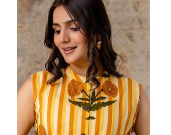 Yellow Cotton Kurti Dress for Women | Sleeveless Hand Block Print Dress | Summer Ethnic Wear | Indian Cotton Kurta | Casual Festive Outfit
