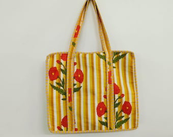 Indian Handmade Quilted Cotton Tote Bag | Yellow Floral Print, Shopping Market Carryall. Best Gift Idea