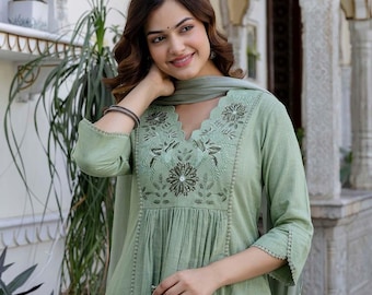 Salbeigrün bestickte Baumwolle Slub Kurta Set für Frauen mit Dupatta | Indisches ethnisches Anzugset | Festliches Palazzo Outfit| Brautjungfer bestes Geschenk