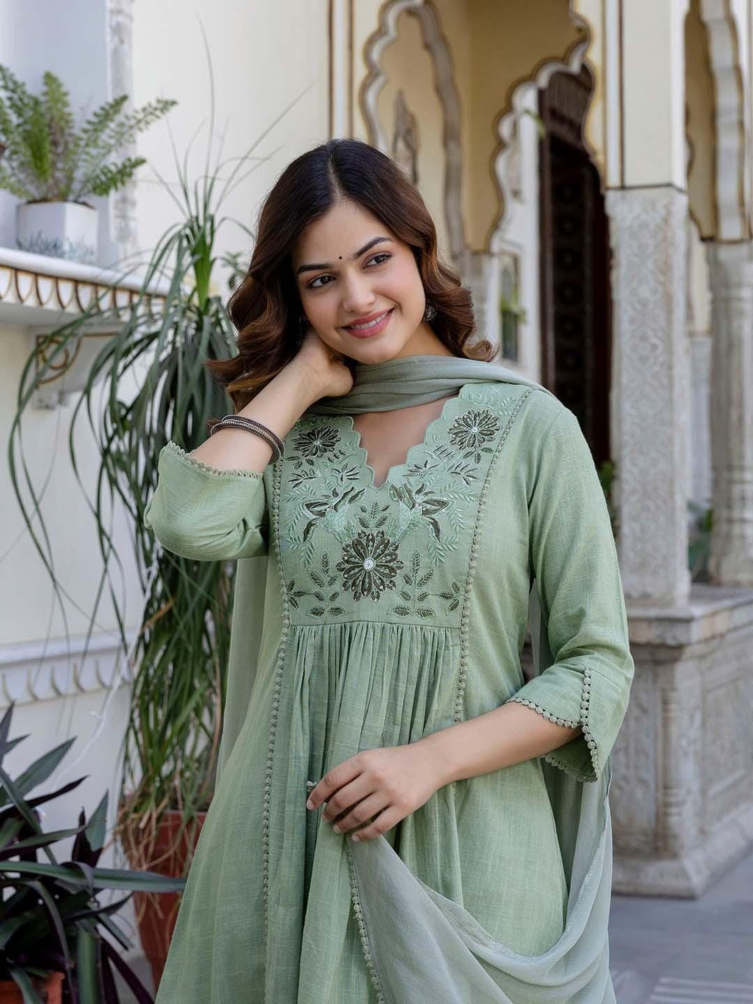 green dress with white embroidery Green White Embroidery Mul cotton dress (Top) – YoshnasByEla main image 0