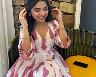 3 PCS Anarkali Style Cotton Dress Set for Women | Handmade Block Print Maxi Dress | Indian Boho Outfit|Pink Leaf Print Bridesmaid Ethnic Set
