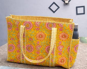 Yellow Floral Quilted Tote Bag | Handmade Cotton Shopper Non Zipper| Block Print Carryall with Bottle Pocket | Everyday Travel & Market Bag