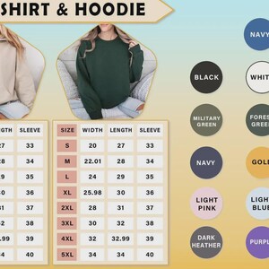 May include: The image showcases a sweatshirt and hoodie, with color options including navy, black, white, and others. Size charts are displayed, detailing width, length, and sleeve measurements in inches. A variety of colors are available.