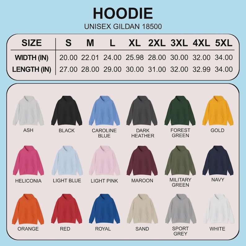 Puede incluir: Imagen de sudaderas con capucha unisex Gildan 18500 en varios colores, como Ceniza, Negro y Azul Carolina. La tabla de tallas muestra medidas de ancho y largo en pulgadas, de S a 5XL. El ancho var&iacute;a de 50,8 cm a 86,36 cm.