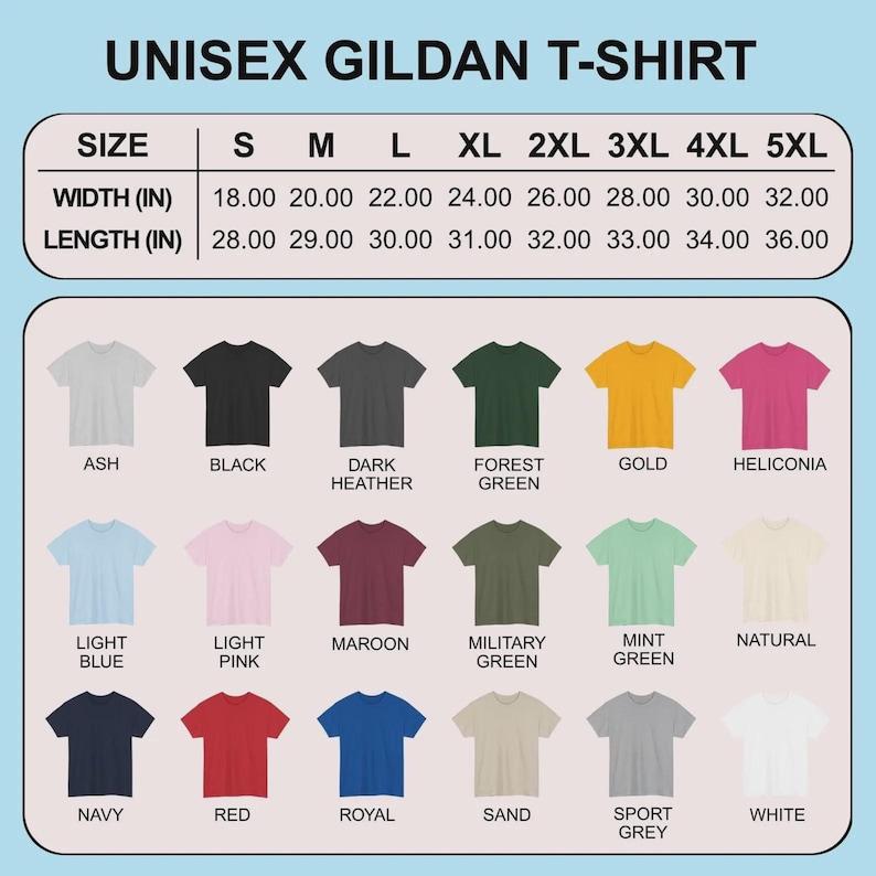 Puede incluir: Tabla de tallas de camisetas unisex Gildan, tallas de la S a la 5XL. Las medidas de ancho var&iacute;an de 45,72 cm a 81,28 cm, y las longitudes de 71,12 cm a 91,44 cm. La tabla muestra camisetas en varios colores, incluyendo Ash, Black, Dark Heather, Forest Green, Gold y Heliconia.