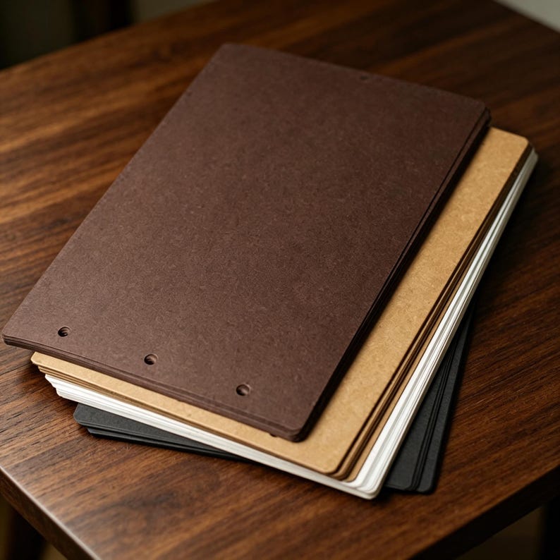 May include: A stack of rectangular, brown, tan, and black paper sheets with three holes along the top edge. The sheets are stacked on a dark wooden surface, creating a layered effect. The paper has a textured appearance.