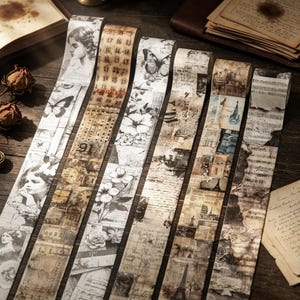 May include: A selection of decorative washi tapes with vintage designs. The tapes display portraits, butterflies, floral patterns, and aged paper textures. Some tapes have numbers and text printed on them. The colour scheme is mainly sepia tones.