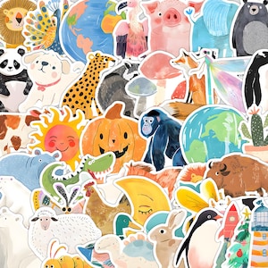 50 Animal Stickers, Hand-Drawn Waterproof Vinyl Decals