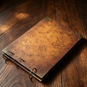 May include: A rectangular notebook with a brown wood-grain cover featuring a dark etched floral vine pattern. The notebook is bound with three circular metal rings and includes decorative brass-toned metal corner protectors on the front cover.