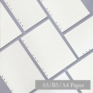May include: A collection of white loose-leaf paper sheets featuring various layouts including grid patterns and horizontal lines. Each sheet contains a vertical row of punched holes along the left edge for binder insertion. The text A5/B5/A4 Paper is visible.