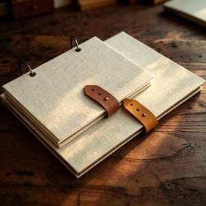 May include: Two ring-bound journals with off-white linen covers and brown leather straps. The journals are stacked on top of each other, with the top journal slightly open. The background is a dark wooden surface.