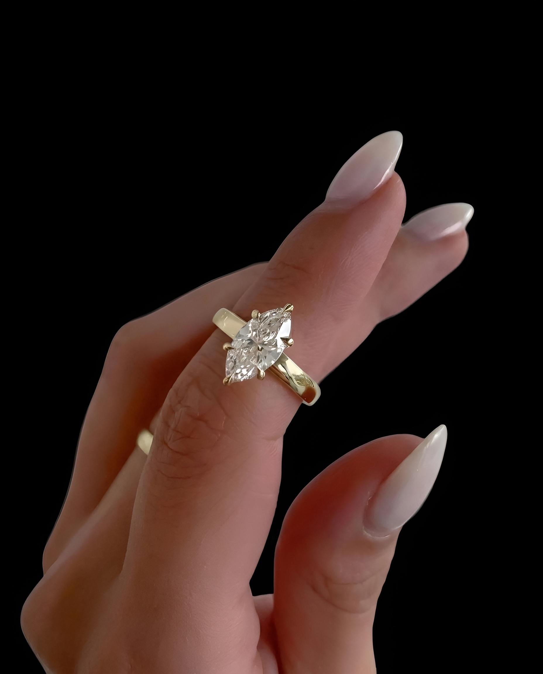 Marquise Cut Diamond Ring 2.60 Carat 14K Yellow Gold Thick Band Vintage Solitaire Engagement Gift for Her Moissanite Promise Ring Handmade