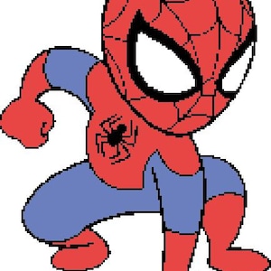 Könnte beinhalten: Eine Pixel-Art-Illustration einer Figur in einem rot-blauen Anzug mit einem schwarzen Spinnenemblem auf der Brust. Die Figur trägt eine rote Maske mit großen weißen Augen und einem schwarzen Netzmuster und ist in einer hockenden Pose dargestellt.