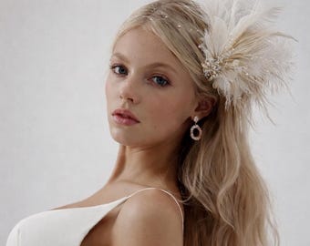 Fascinateur nuptiale plumes blanches | Postiche Gatsby ivoire, pince mariage bohème