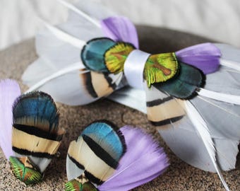 Feather Bow Tie Set: Lilac & Dove Gray Wedding Bowtie
