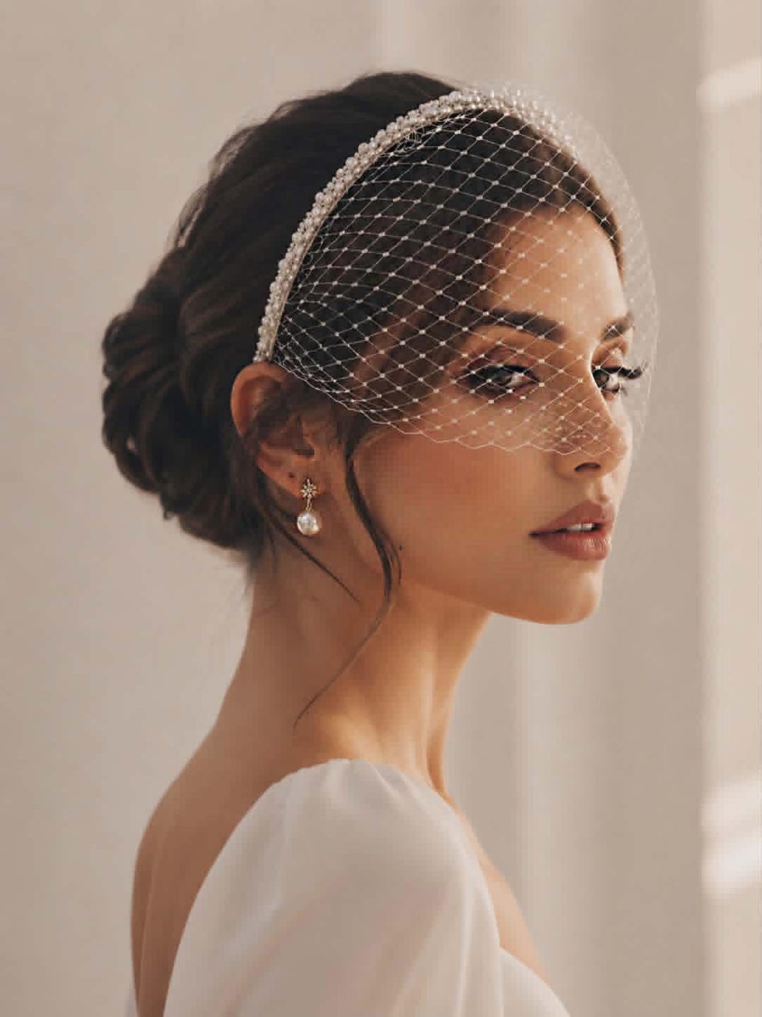 Bridal Hair Accessory, Pearl Birdcage Veil,white Face Veil With