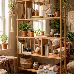 Estantería de madera de 5 niveles, moderna y bohemia, ideal para sala de estar, oficina y almacenamiento.