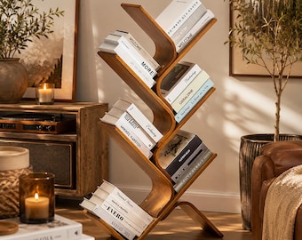 Tree Bookshelf, Bamboo Bookcase, 8 Tier Book Shelf, Rustic Boho Bookshelf, Corner Bookcase, Narrow Storage Shelf, Floor Standing Rack