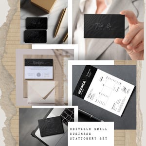 May include: A collection of black business cards, an invoice, and a thank you card. The business cards and invoice feature the text "Thank Co. DIGITAL SHOP" and "Invoice" respectively. The stationery set includes a gold pen and a white envelope. The words "EDITABLE SMALL BUSINESS STATIONERY SET" are also visible.