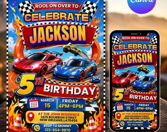 Hot Cars Geburtstagseinladung, Jungen Racing Party einladen, bearbeitbare Canva Vorlage, sofortiger Download