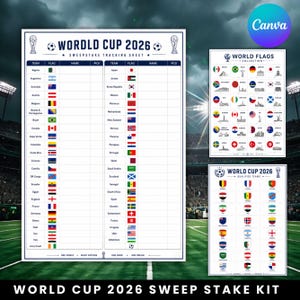 Könnte beinhalten: Ein World Cup 2026 Tippspiel-Tracking-Blatt, eine World Flags Sammlung und eine Liste der qualifizierten Teams für den World Cup 2026. Diese weißen Dokumente enthalten blauen Text, Nationalflaggen und Fußball-Symbole zur Turnierverfolgung.
