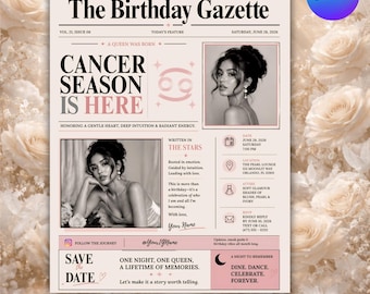 Krebs Sternzeichen Zeitung Geburtstagseinladung Vorlage | Bearbeitbare Canva Astrologie Party einladen | Schwarz & Weiß Digital Evite
