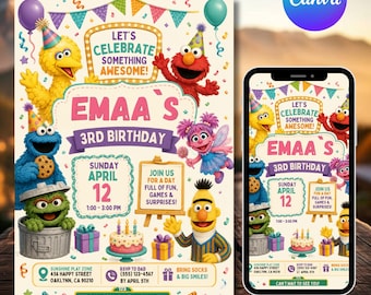 Sesamstraße Geburtstagseinladung Vorlage | Bearbeitbar Canva Kids Party Invite | Einladungskarten Geburtstag Druckbare digitale Datei