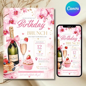 Könnte beinhalten: Eine Einladungsvorlage für einen Geburtstagsbrunch mit rosa Orchideen, einer Champagnerflasche mit rosa Schleife, einem Champagnerglas, einem Erdbeer-Cupcake und Pfannkuchen. Der Text enthält Birthday Brunch, Samstag, 12. September 2026.