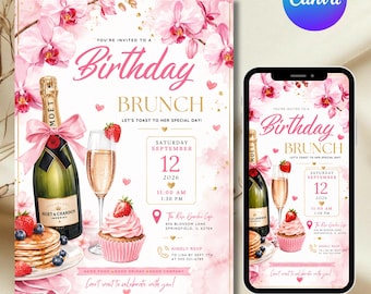 Geburtstagsbrunch-Einladungsvorlage | Pink Kokette Brunch Party einladen | Geburtstags-Champagner-Pfannkuchen-Geburtstagsflieger | Bearbeitbare Canva Digital Download