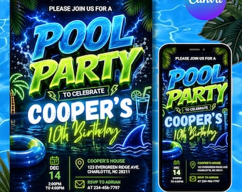 Teen Boys Pool-Geburtstagseinladung, 10. elektrische Sommerfeier, Neon Blitz-Thema, bearbeitbare Canva-Vorlage, Sofort-Download