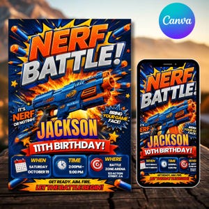 Kids Nerf Birthday Invitation Template, Nerf Party Invite, Editable Canva Birthday Invitation,DIY Text, Instant Download