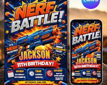 Kids Nerf Geburtstagseinladungsvorlage, Nerf Party einladen, bearbeitbare Canva Geburtstagseinladung, DIY Text, Sofort Download
