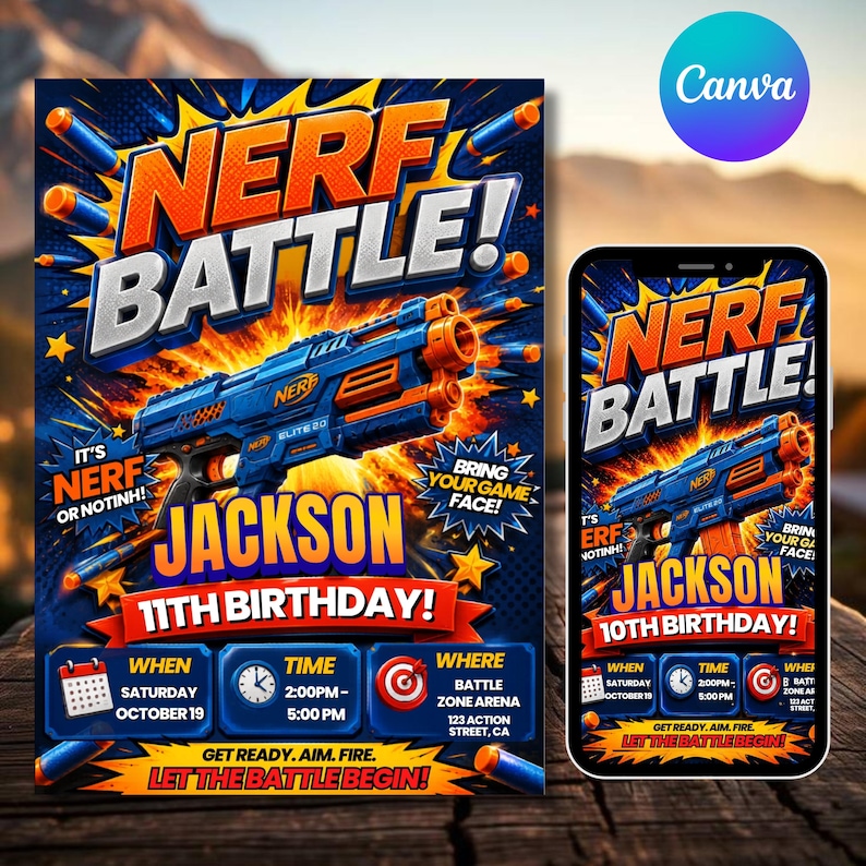 Kids Nerf Birthday Invitation Template, Nerf Party Invite, Editable Canva Birthday Invitation,DIY Text, Instant Download