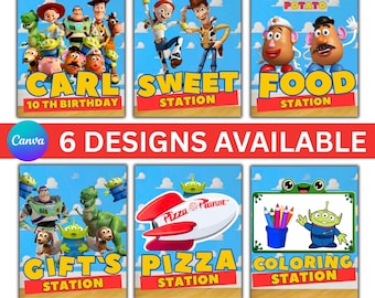 Toy Story Geburtstagsparty Schilder-Set, druckbare Canva Vorlage, bearbeitbare Party Schilder Bundle, Spielzeug Thema Geburtstagsdekor, sofortiger digitaler Download