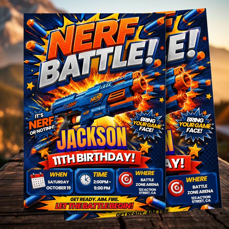 Kids Nerf Birthday Invitation Template, Nerf Party Invite, Editable Canva Birthday Invitation,DIY Text, Instant Download