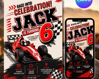 Rennwagen-Geburtstagseinladungsvorlage, bearbeitbare Canva F1 Racing Party einladen, Formel 1-Geburtstag Evite, Kids Racing Invite