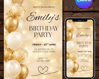 Gold Birthday Invitation for Women, Feminine Glitter Party Design, DIY Text, Instant Download