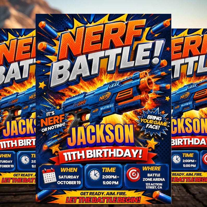 Kids Nerf Birthday Invitation Template, Nerf Party Invite, Editable Canva Birthday Invitation,DIY Text, Instant Download