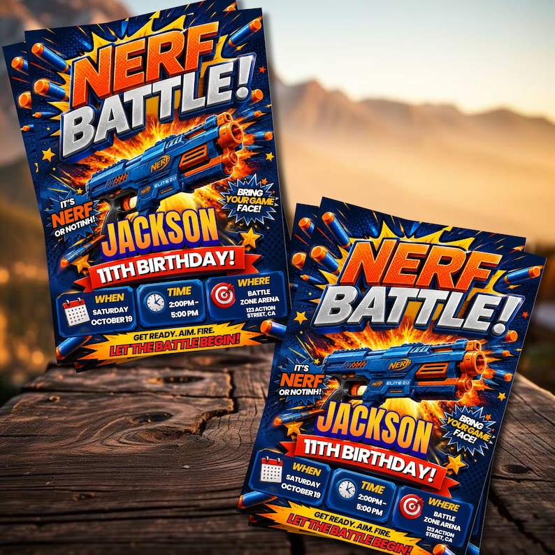 Kids Nerf Birthday Invitation Template, Nerf Party Invite, Editable Canva Birthday Invitation,DIY Text, Instant Download