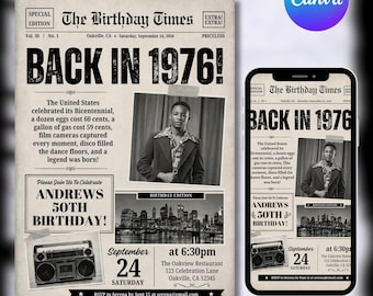 50. Geburtstag Zeitungseinladung Vorlage | Geburtstag 1976 Einladungskarte mit Foto | Bearbeitbare Canva Einladung für Männer & Frauen
