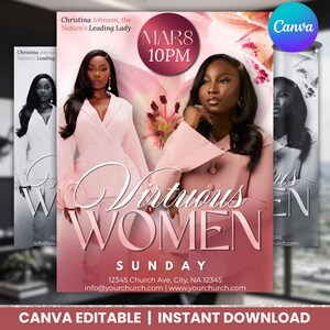 May include: A promotional poster with the text "Virtuous Women" in a stylized font. The poster features images of women in pink and white suits. The date "MAR8 10PM" is displayed in a circular element. The bottom of the poster includes contact information.