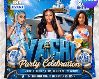 Yacht-Party-Flyer, Sommer-Strandparty-Flyer, DJ-Party-Einladung, Sommer-Event-Flyer, bearbeitbare Vorlage von Canva, Sommerpause-Party einladen