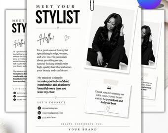 Treffen Sie Ihre Stylist-Vorlage, treffen Sie Ihren Künstler-Flyer, bearbeitbarer Canva Social-Media-Post, Beauty-Profi-Einführung, Haar-Peitsche